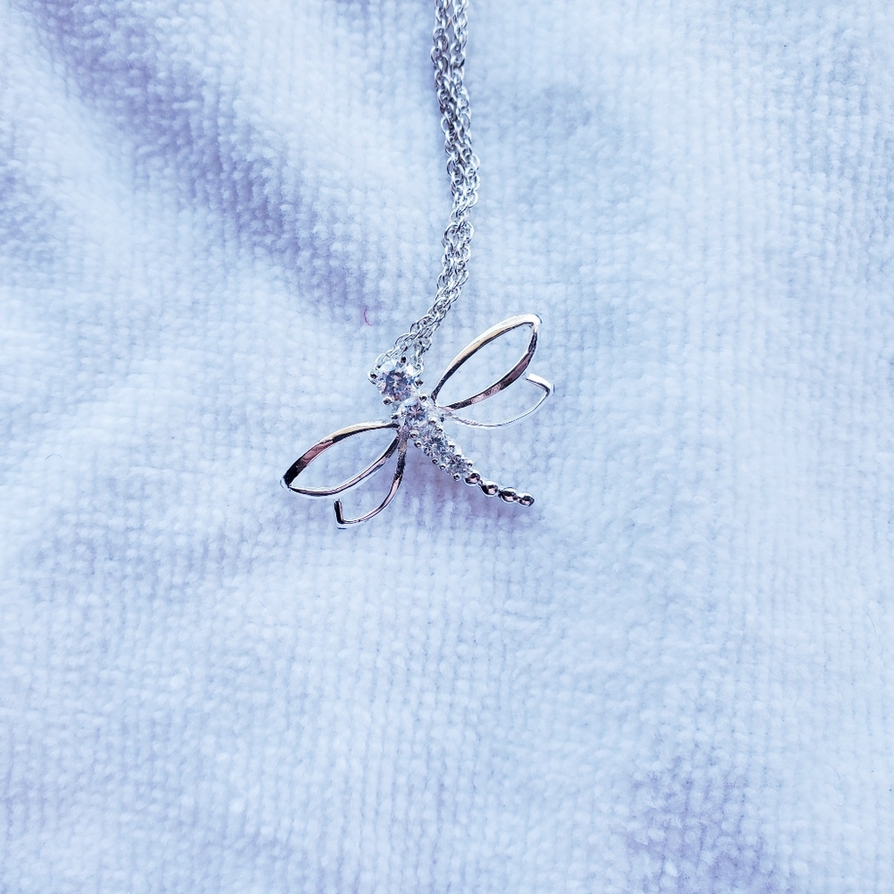 Sterling Silver Pendant Necklace, Dragonfly With Rhinestones, 18 Inch Chain